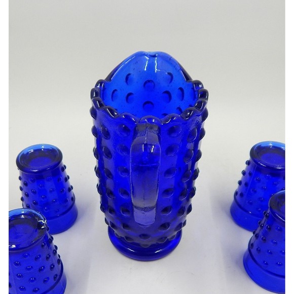 Child's Cobalt Blue Hobnail Mini Water Pitcher With 4 Tumblers Glasses - Picture 8 of 9